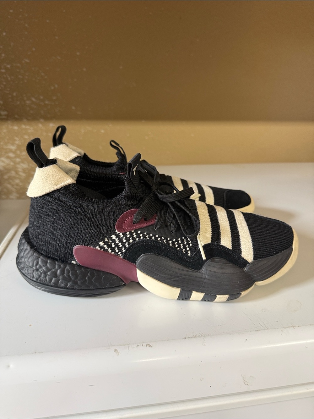 Men Adidas Black, Cream & Burgundy Sporty Knit Sneakers. Texas A&M